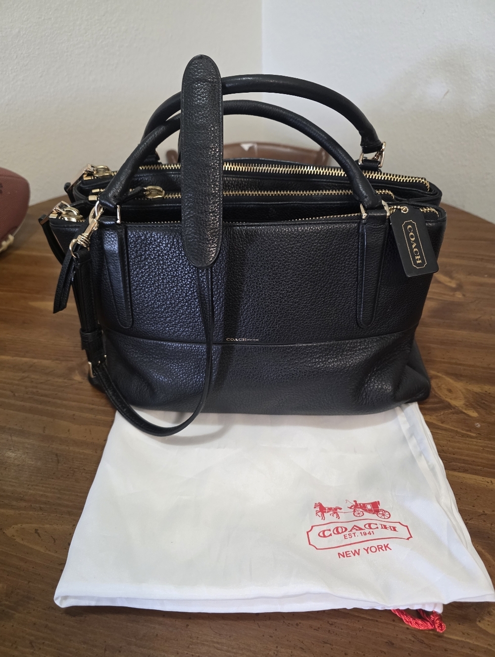 Coach  Burrough Bag  Black Pebbled Leather Satchel with Gold Hardware